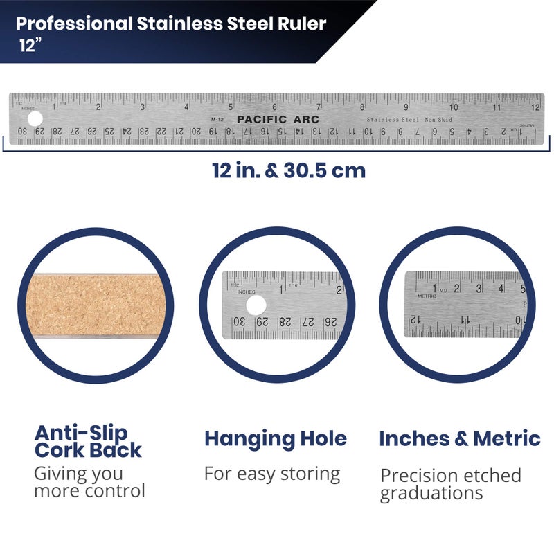 Pacific Arc Stainless Steel 12 Inch Metal Ruler Non-Slip Cork Back, with Inch and Metric Graduations - Image 3